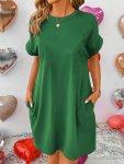 Dual Pocket Crew Neck Loose Dress Casual Short Sleeve Dress For Spring & Summer Women's Clothing