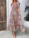 Paisley Print Shirred V Neck Dress Vacation Style Cap Sleeve Dress For Spring & Summer Women's Clothing