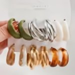 6 Pairs Set Of Exquisite Resin Circle Design Hoop Earrings Vintage Leisure Style Suitable For Women Summer Earrings