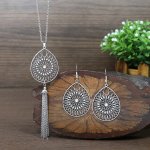 3PCS Retro Ethnic Style Jewelry Set Women's Dangle Earrings Pendant Necklace Set Antique Silver Waterdrop Shape Hollow Alloy Set