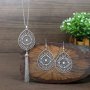 3PCS Retro Ethnic Style Jewelry Set Women's Dangle Earrings Pendant Necklace Set Antique Silver Waterdrop Shape Hollow Alloy Set White Faux Pearl Rhinestone Dotting