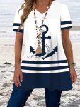 Plus Size Anchor & Striped Print T-Shirt Casual Crew Neck Short Sleeve T-Shirt Women's Plus Sizeclothing