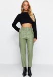 Limited Edition Carrot Woven Front Button Faux Leather Pants - Green