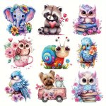 9-PACK Cute Animal Iron-on Patches Colorful Vinyl Heat Transfer Stickers With Elephant Owl Snail Raccoon Dog Designs For Diy T-s