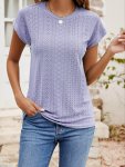 Eyelet Crew Neck T-Shirt Casual Short Sleeve T-Shirt For Spring & Summer Women's Clothing