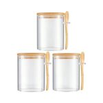3 Piece - Reusable Glass Jars With Airtight Bamboo Lid & Spoons - Clear