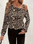 Chevron Pattern Slant Neck T-Shirt Elegant Long Sleeve T-Shirt For Spring & Fall Women's Clothing