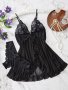 Contrast Lace Ruffle Trim Lingerie Set Deep V Slip Dress & Thong Women's Sexy Lingerie & Underwear