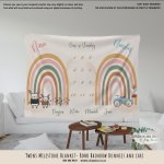 Twins Milestone Blanket Boho Rainbow Bunnies And Cars