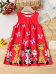 Sweet Girls Cute Cartoon Graphic Crew Neck Sleeveless Dress For Summer Party Gift