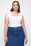 Square Neck Shoulder Bow Tie Plus Bodysuit - White