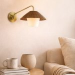 Rattan And Brass Wall Light With Fabric Shade