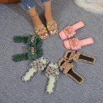 Women's Chain Decor Flat Slides Floral Pattern Square Open Toe Summer Shoes Fashion Outdoor Beach Slides