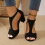 Women's Solid Color Elegant Snadals Back Zipper Side Cut Out Walking Chunky Heels Summer Peep Toe Dressy Shoes