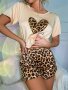Leopard Heart Print Pajama Set Casual Short Sleeve Round Neck Top & Elastic Shorts Women's Sleepwear