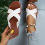 Women's Simple Cross Strap Slide Sandals Casual Slip On Flat Beach Shoes Lightweight Slide Sandals