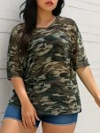Plus Size Camouflage Print T-Shirt Casual Crew Neck Short Sleeve Top For Spring & Summer Women's Plus Size Clothing