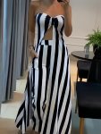 Stripe Print Elegant Two Piece Set Midi Length Ruched Split Tank Top & High Waist Pants Outfits For Spring & Summer Women's Clot