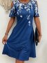 Plant Print Cold Shoulder Loose Dress Casual Crew Neck Short Sleeve Dress For Spring & Summer Women's Clothing