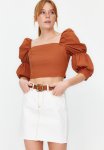 Crop Balloon Sleeve Square Neck Woven Blouse - Brown