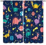 Zhirain Kids Dinosaur Curtains Boys Girls Dino Cartoon Starry Galaxy Universe Planet Outer Space Curtain With Rod Pocket For Bed