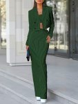 Striped Pattern Elegant Spring Three-piece Skirt Set Double Breasted Crop Lapel Blazer & Crop Top & Split Back Skirt Outfits Wom