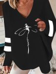 Dragonfly Print V Neck Sweatshirt Casual Long Sleeve Loose Sweatshirt Women's Clothing