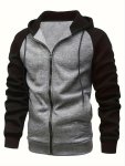 Spring And Autumn Men's Color Block Drawstring Hooded Long Sleeve Zip-up Jacket With Pockets Workout Training