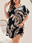 Plus Size Tropical Print Belted Dress Vacation Style Curved Hem Batwing Sleeve Notched Neck Dress For Spring & Summer Women's Pl