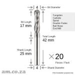 TL-EB2-S4T17 20: 20PCS Of Tungsten Carbide Φ4MM Cnc Router Bit On Φ4MM Shank Spiral Double Flutes Ball Nose End Mill 17MM Cuttin