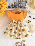 Baby's Bowknot Decor Cartoon Bee Pattern Casual Cap Sleeve Dress Infant & Toddler Girl's Clothing For Summer spring As Gift