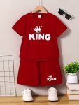 2 Pcs Boy's Crown & King Letter Print Red Short Sleeve T-shirts & Shorts Clothing Set Comfy & Skin-friendly Clothing Set Boy's C