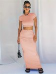 Solid Two-piece Set Casual Crew Neck Crop Top & Bodycon Skirt Outfits Women's Clothing