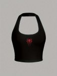 Spider Print Halter Neck Top Y2K Backless Crop Halter Top For Summer Women's Clothing
