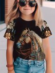 Vivid Horse With Beautiful Adornment Graphic Print Tee Girls Comfy & Trendy T-Shirt For Spring & Summer Girls Clothes For Outdoo