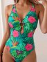 Tropical Print One-piece Swimsuit Ring-linked Criss Cross Straps Backless Bathing Suits Women's Swimwear & Clothing