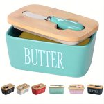 1 Set Butter Dish With Bamboo Lid And Knife Large Ceramic Butter Dish With Quality Silicone Sealing Ideal For Kitchen Baking And