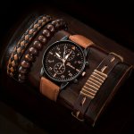 4PCS Men's Vintage Faux Leather Brown Round Quartz Watch + Fashion Bracelet Set Father's Day Gift For Boyfriend Valentine's Day