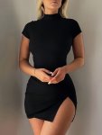 Mock Neck Short Sleeve Dress Casual Solid Backless Tie Split Hem Dress For Spring & Summer Women's Clothing For Party Dressing