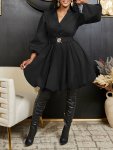 Solid V-neck Button Front Dress Elegant Lantern Sleeve Swing Dress For Spring & Fall Women's Clothing