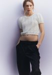 Textured-knit Puff-sleeved Top - Cream