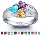 N271 - 925 Sterling Silver Personalized Names & Birthstone Hearts Ring