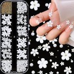 3D Flower Nail Art Charms 250PCS White Flowers Nail Rhinestones Kit 3D Crystal Nail Pearls Flat Design Nail Art Studs Manicures