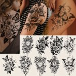 Black Gothic Butterfly Flower Clock Pattern Tattoo Stickers Big Flower Arm Chest Back Body Temporary Tattoo Stickers