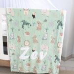 Personalised Fleece Blanket Dotty Drawing Wolf Hedgehog Safari Green