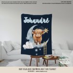 Personalised Fleece Blanket Baby Highland Cow Moon And Stars Blanket
