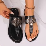 Women's Metallic Buckle Decor Flip Slops Slip On Lightweight Soft Sole Casual Slides Summer Beach Slides
