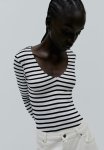 V-neck Bodysuit - White & Striped