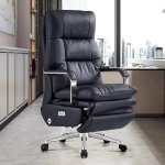 Ergonomic Genuine Leather Executive Office Chair With Adjustable Features & Stainless Steel Base - Black
