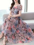 Floral Print Crew Neck A-line Dress Young Short Sleeve Dress For Spring & Summer Women's Clothing